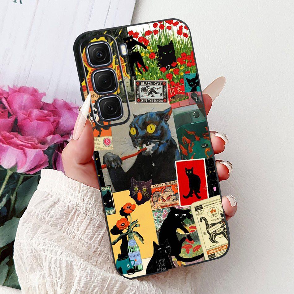 For Infinix Hot 50 4G Phone Case Hot 50 Pro+ 4G Hot50 Pro Elegant Floral Cat Pattern Black Silicone Soft TPU Cases