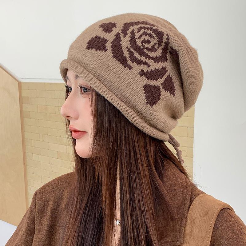 Rose Jacquard Drawstring Stacking Hat Women's Autumn and Winter New Versatile Curling Face Small Baotou Hat Ear Protector Knitted Cold Hat