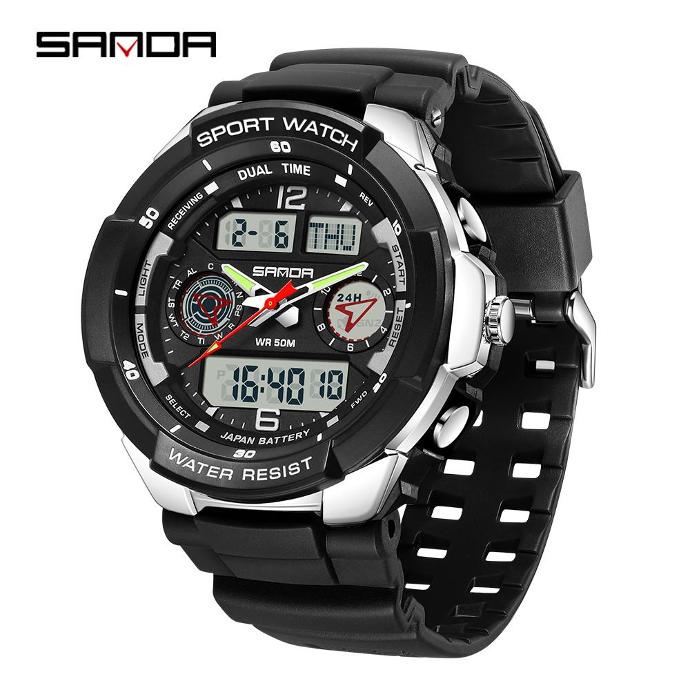 SANDA 6197 Модные мужские электронные часы Спортивные многофункциональные Водонепроницаемые Светодиодные Двойной дисплей Студенческие электронные часы