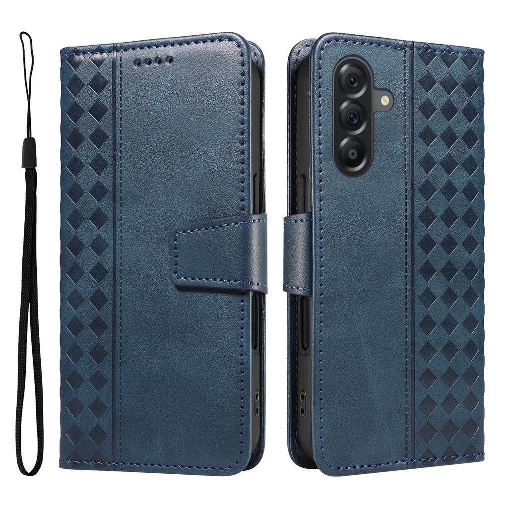 For Samsung Galaxy A56 5G/M56 5G Leather Case Wallet Stand Grids Imprinted Phone Cover with Strap