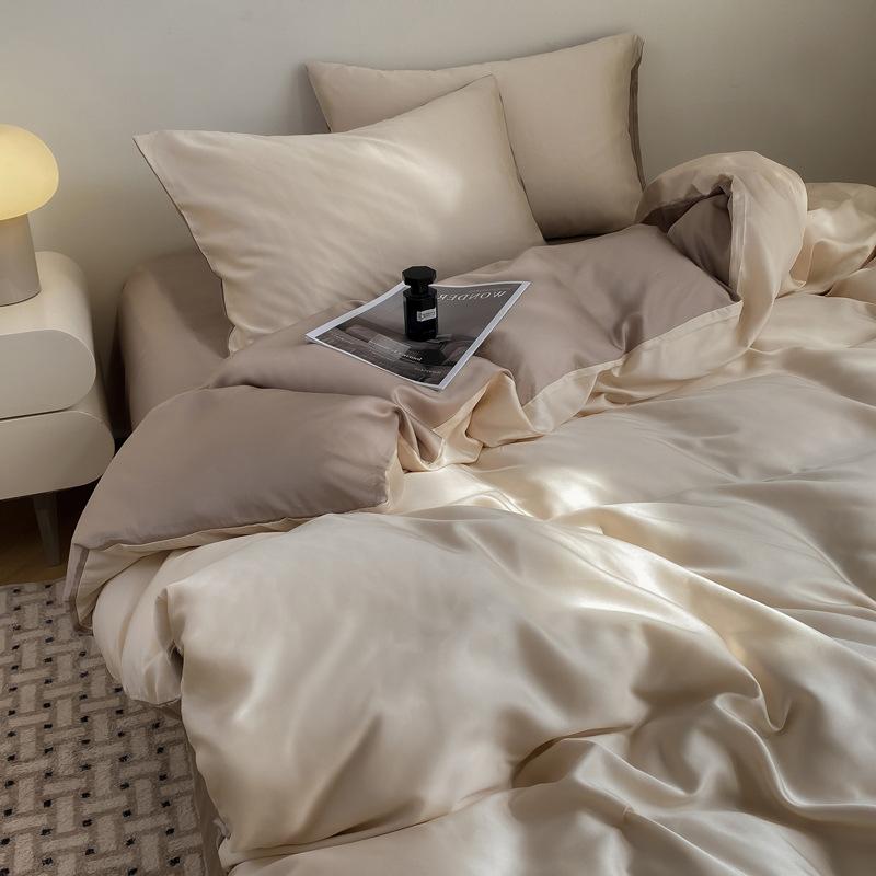Летний однотонный комплект из четырех предметов из ледяного шелка, прохладный на ощупь, простыня, пододеяльник, комплект постельного белья из трех предметов для общежития, удобное постельное белье