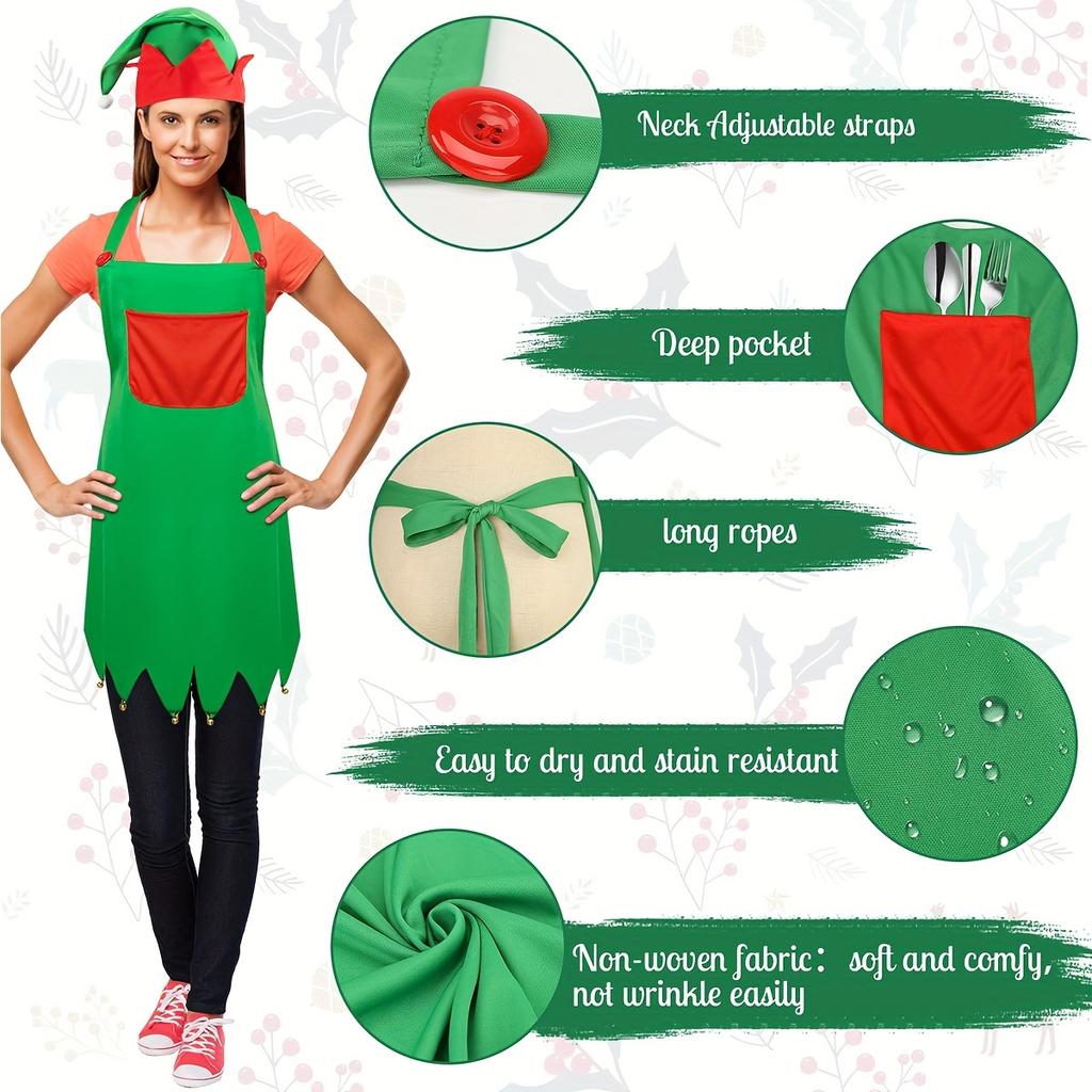 2 шт., декоративный фартук, рождественский фартук и комплект шляп для женщин, рождественская шляпа эльфа, рождественский орнамент кухонного фартука Санта-Клауса
