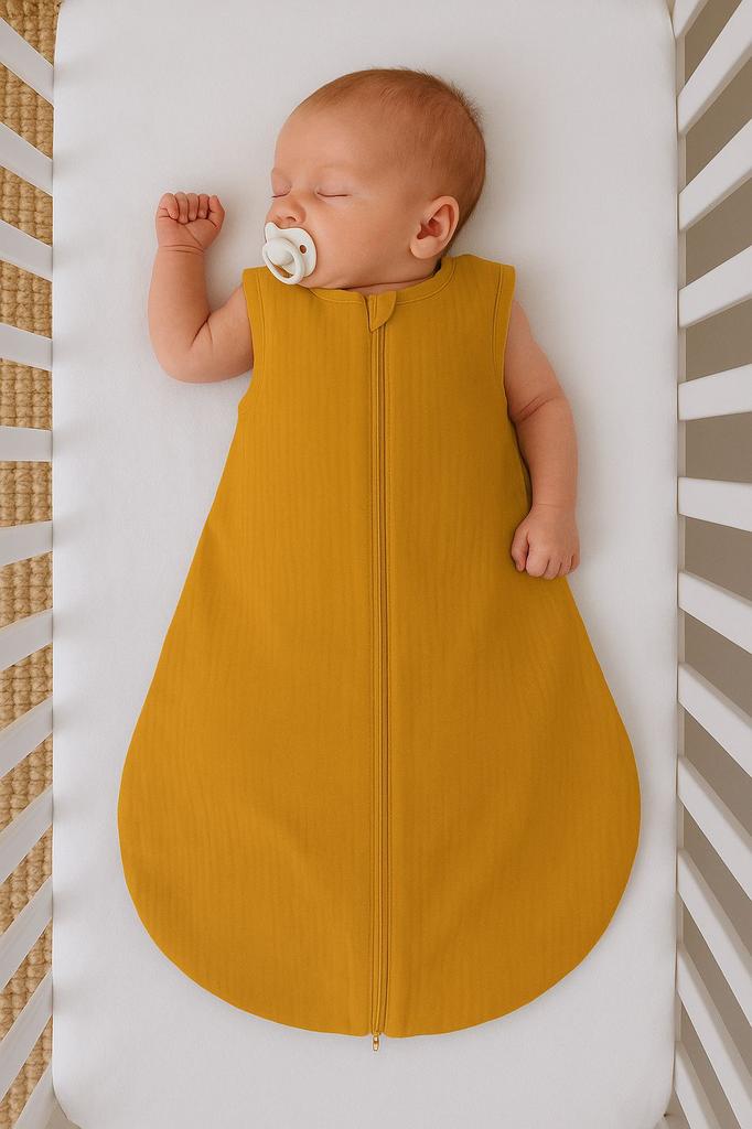 Muslin rounded sleeping bag for children M 6-12 months summer TOG 1.0 - mustard