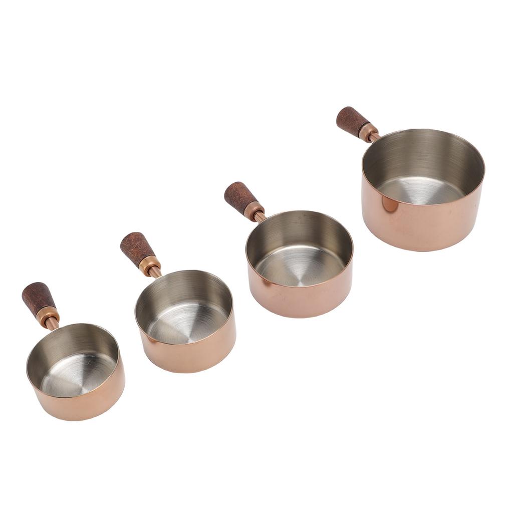 4pcs Stainless Steel Measuring Cup Stackable Condiment Cups Dipping Sauce Cups with Short Wooden Handle for Coffee