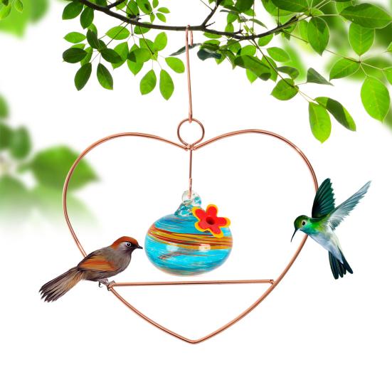 Heart-Shaped Hummingbird Feeder Hanging Water Feeder with Perch Colorful Glass Bottle Wire Frame Hummingbird Feeder for Porch Yard Garden Outdoor