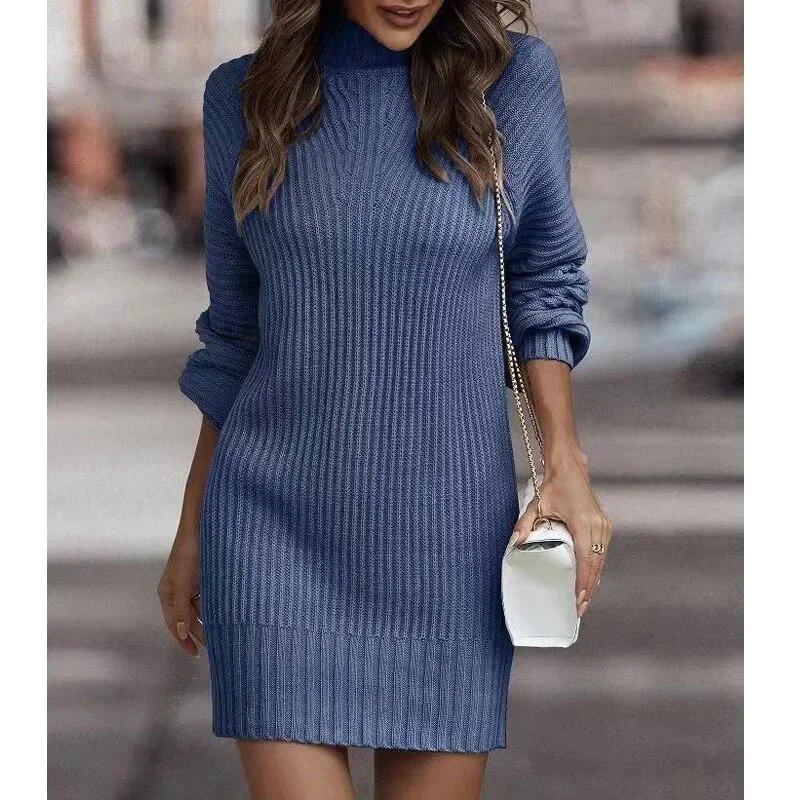 Casual Solid Turtleneck Sweater Dress Winter Knitted Long Sleeve Knitwear Dress Fashion Office-lady Clothing 29885