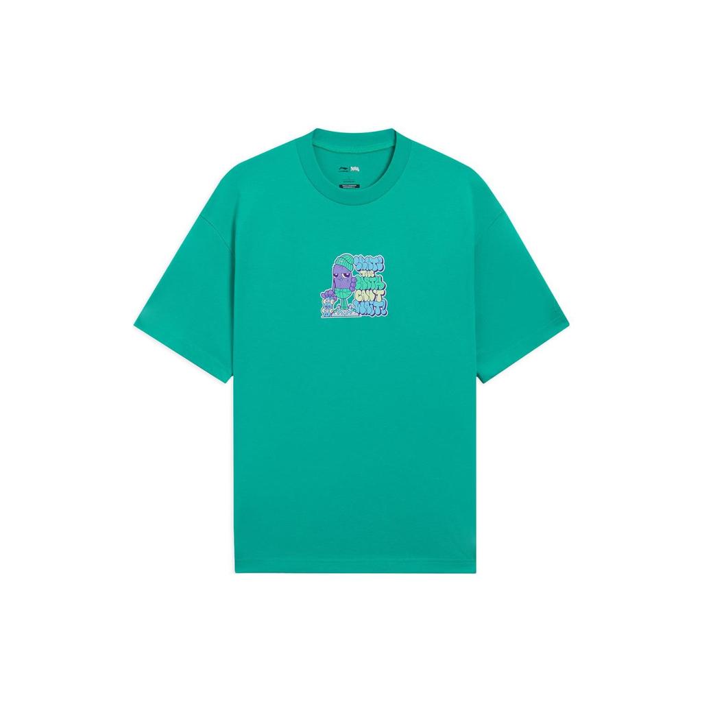 Li-Ning X Persue Artist Collaboration Skateboard Series Cartoon Letter Print Round Neck Casual Short Sleeve T-Shirt Unisex Tops Green AHSS295-2