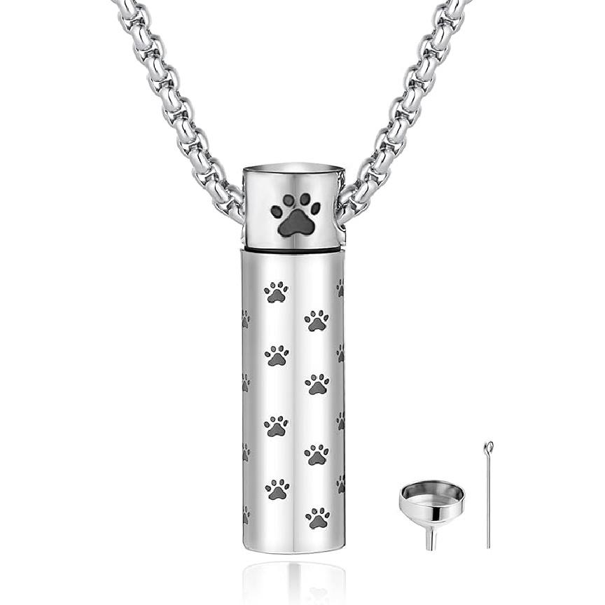 MOROTOLE Dog Urn Necklaces For Ashes Paw Print Ashes Urn Pendant Necklace Cylinder Cremation Necklace For Pet Ashes Urn Necklace For Puppy Pet