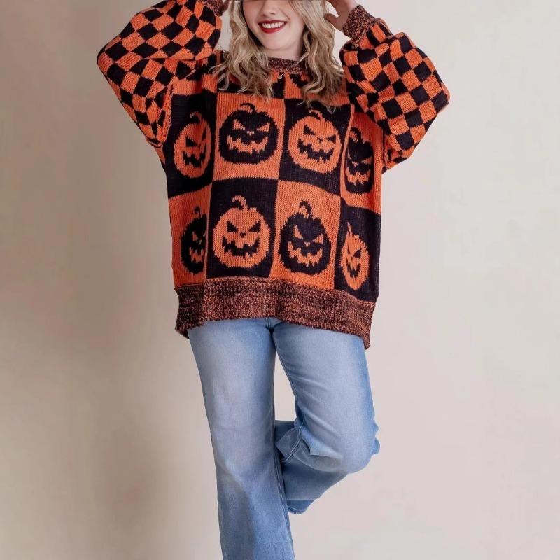 Осень-зима, длинные рукава, женские свитера, мода, большие размеры, Хэллоуин, свободный свитер с круглым вырезом, винтажный женский элегантный принт, повседневные джемперы 25367