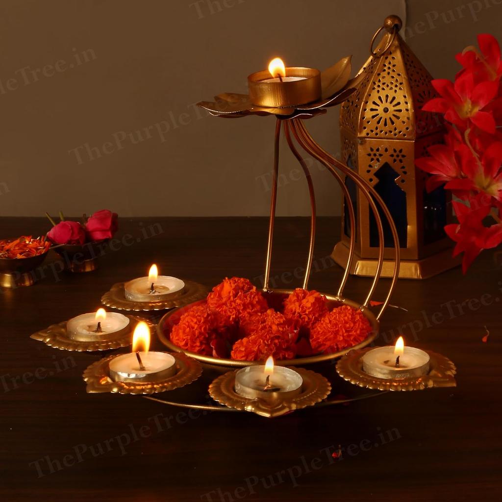 Beautiful Floral Diya Urli Bowl For Diwali, Traditional Decorative Bowl, Gold