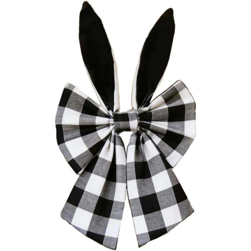 40cm Easter Bunny Ears Wreath Bow Rustic Buffalo Plaid Easter Bows for Wreaths Spring Holiday Fabric Decorative Bow for Tree Topper