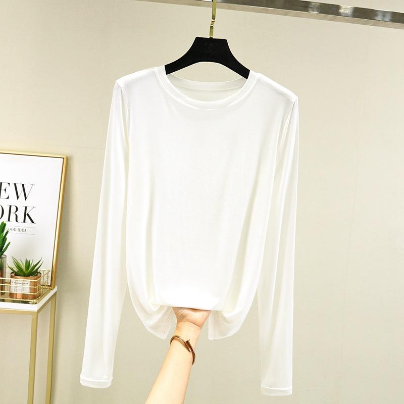 Модальная однотонная базовая футболка с круглым вырезом и длинными рукавами, женские осенние футболки, универсальные футболки, майка больших размеров