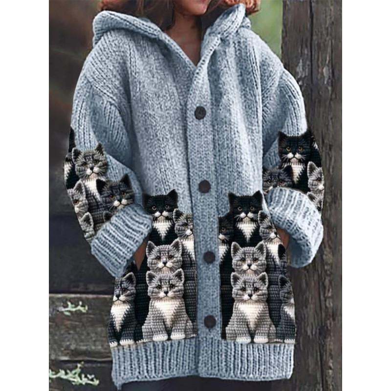 Halloween Animal 3D Print Hooded Cloak Coat Womens Streetwear Casual Long Cardigan