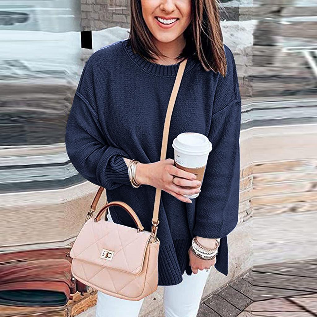 Женский модный однотонный свитер с круглым вырезом и длинным рукавом, пуловер, топ