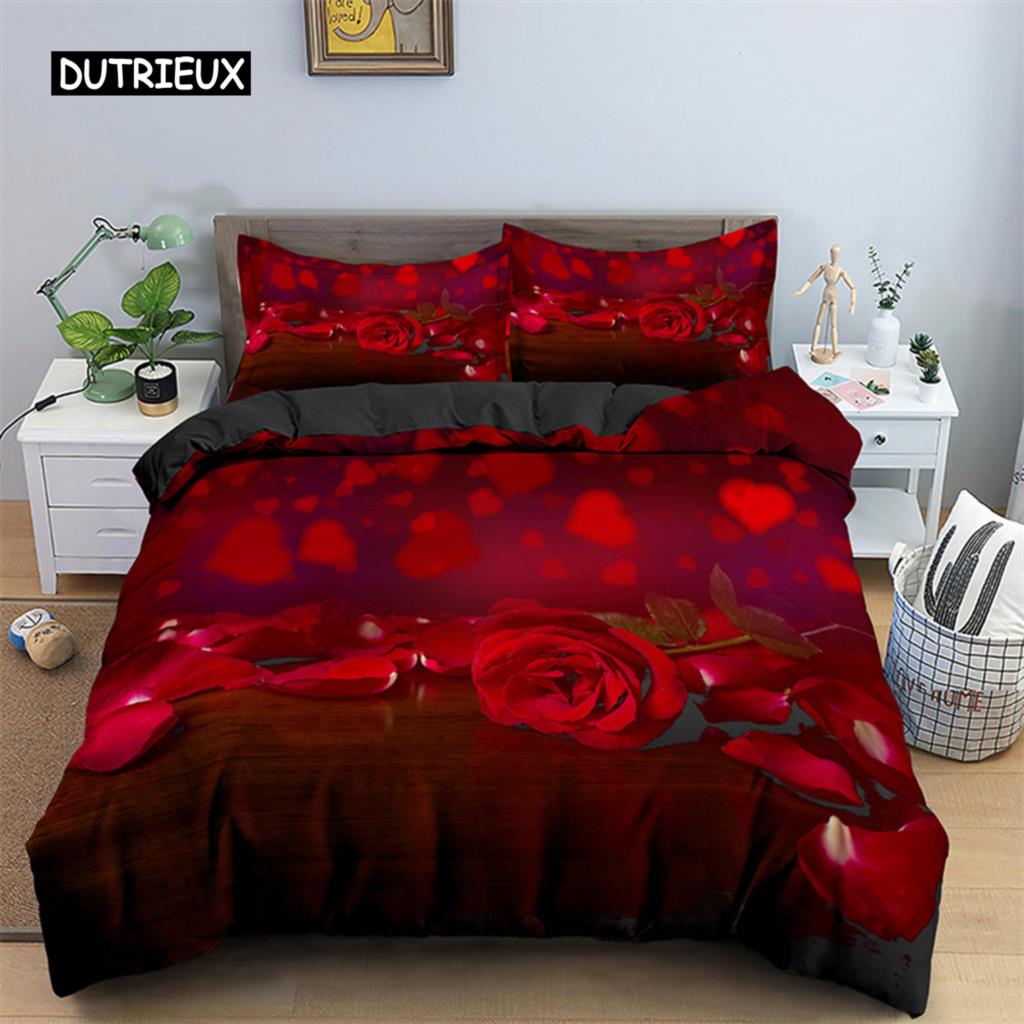 Комплект постельного белья Rose Duvet Set из микрофибры Pink Heart Rose Romantic Flower Tema Комплект постельного белья для влюбленных Double Queen King Size Покрывало для пододеяльника