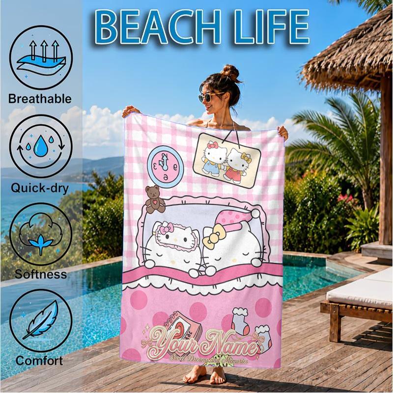 Custom Name Beach Towel Cat Floral Crown Soft and Quick-drying Beach Towel, Suitable for Travel, Swimming Pool, Gym, Yoga, Gifts