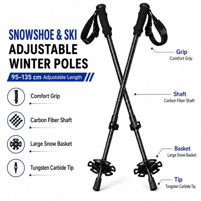 Zeroring Adjustable Snowshoe Ski Poles Carbon Composite Winter Hiking Poles With Large Snow Basket
