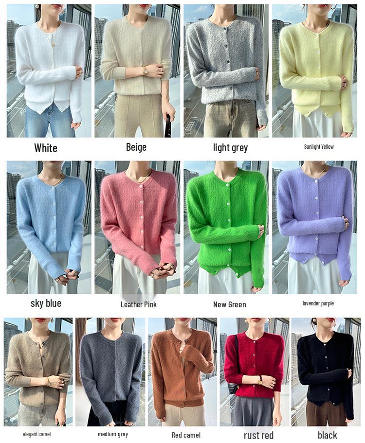 Women's Retro Cable Knit Mink Velvet Cardigan - Round Neck, Long Sleeve, Loose Fit, Short Sweater Coat