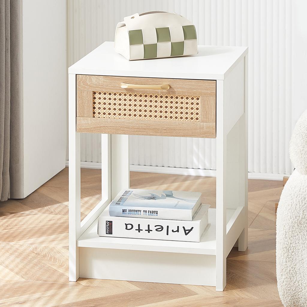 Rattan side table with drawer, modern nightstand, side table for living room, bedroom, white-H55/B40/T40 cm