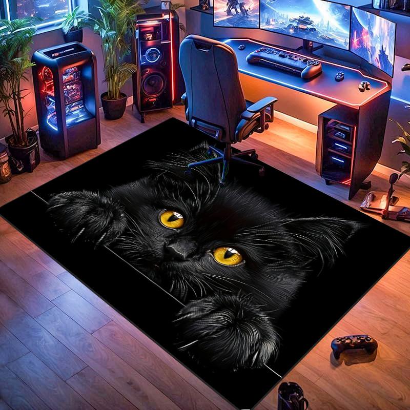 Black Cat Yellow Eyes Peeking Black Background Print Area Rug Cute Pet Non Slip Living Room Floor Mat Cat Lover Home Decor Rug