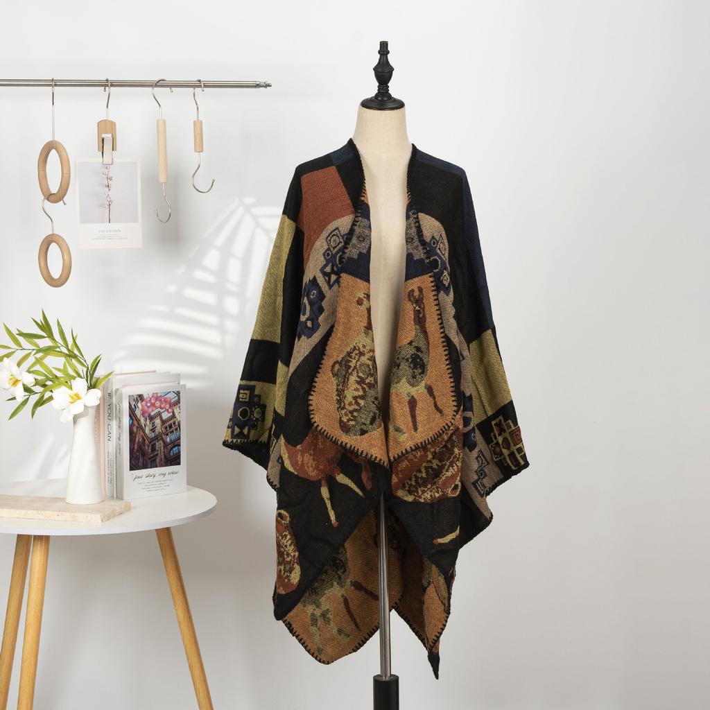 Этнический стиль Принтованная шаль Имитация кашемира Кейп с разрезами Теплый шарф Куртка Ретро Литературный Большая шаль Женская