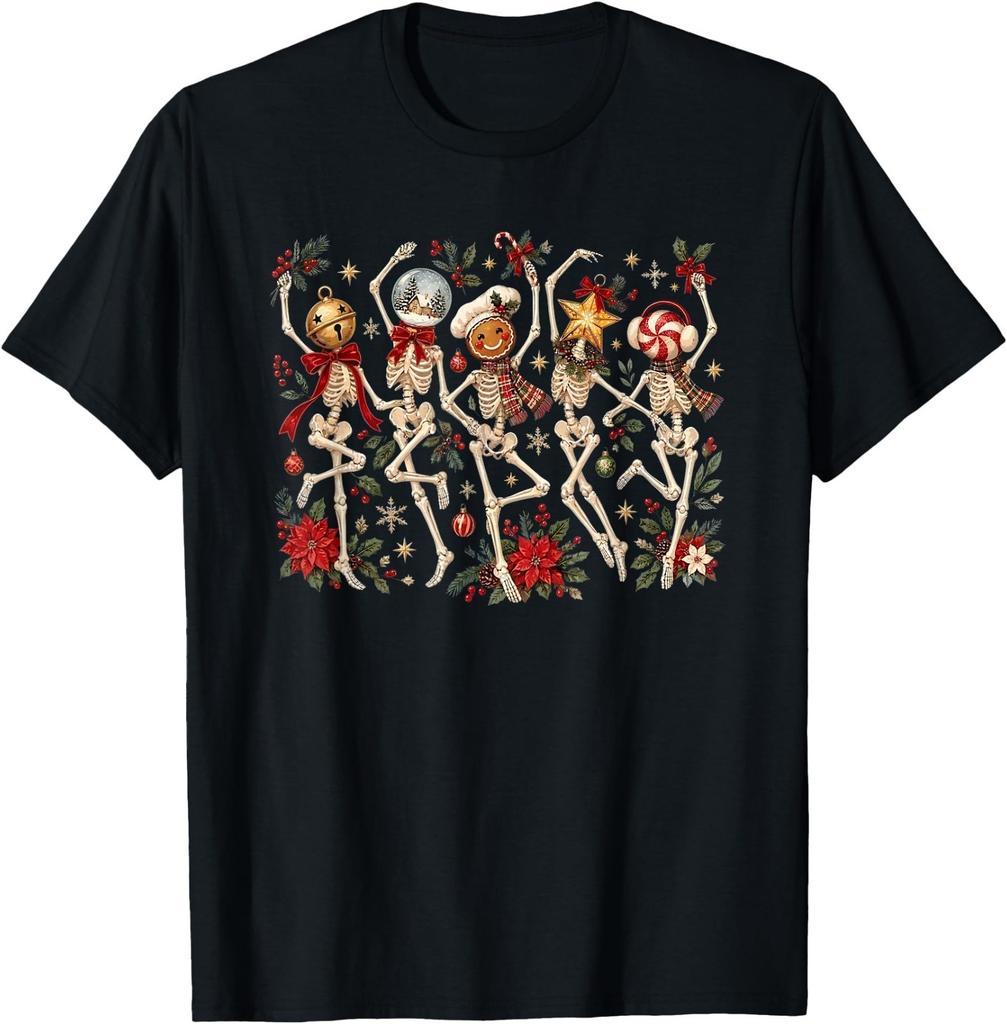 Skeleton Dancing Ginger Bread Star Merry Christmas Flower T-Shirt