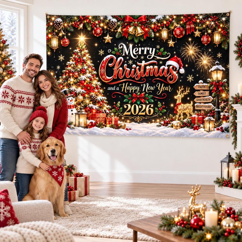 Merry Christmas & Happy New Year 2026 Backdrop Banner, Christmas Party Backdrop, Holiday Wall Decor, New Year Party Decoration