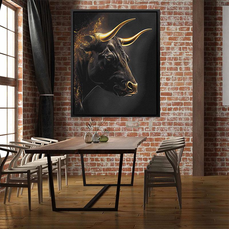 Retro Golden Style Bull Trader Stock Market Bull Art Poster Canvas Painting Wall Print Picture for Living Room Office Home Decor