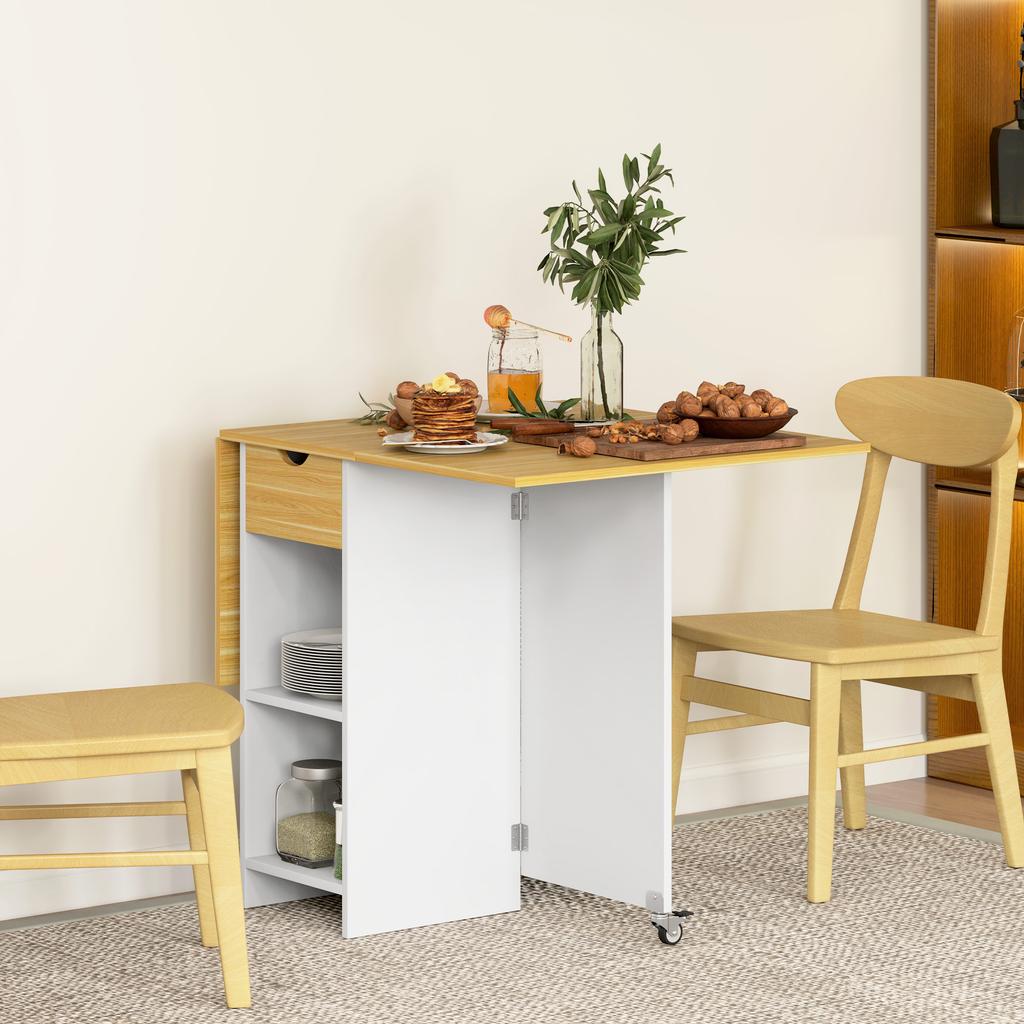 Folding Dining Table for 2-4 People with 2 Drop Leaves, Drawer and Shelves, Oak