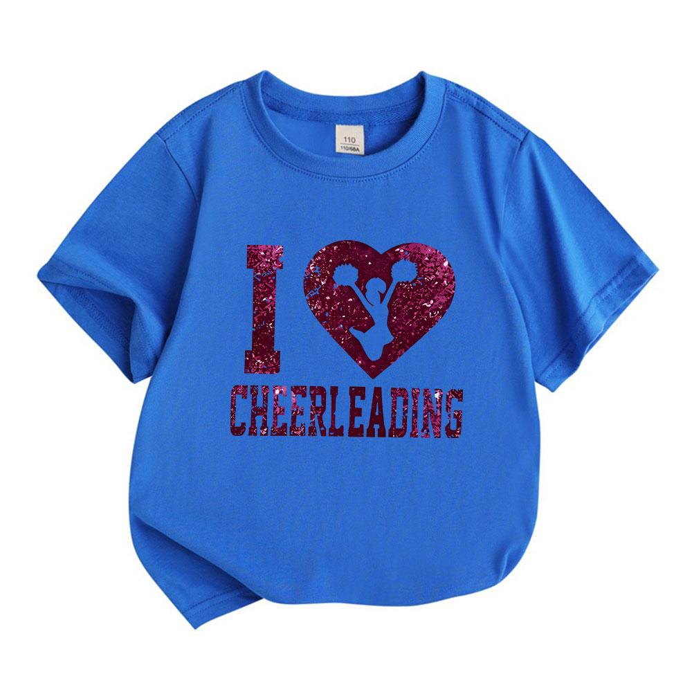 Kids Boys Girls 100% Cotton Crew Neck Short Sleeve T-Shirt, I Love Cheerleading Glitter Print Casual Tees for Cheer Sports Lovers Daily Wear
