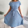 O-Neck Short Sleeve High-Waist Lace-Up Midi Dress Simple Floral Print Pleated Hem