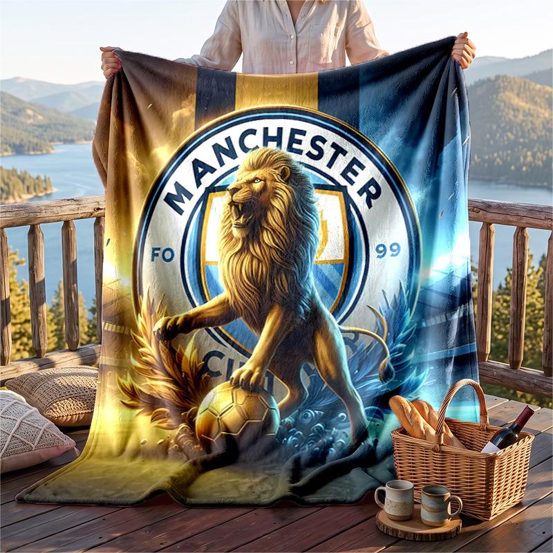 Warm Flannel Blanket Manchester City Pattern, Lightweight Comfortable Throw Blanket for Bed Sofa Use