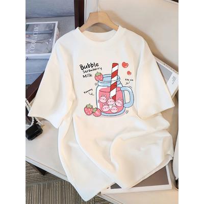 Вкусный клубничный напиток Принтованная женская футболка Летняя дышащая Уличная повседневная Спортивная Прохладная с коротким рукавом Женская одежда