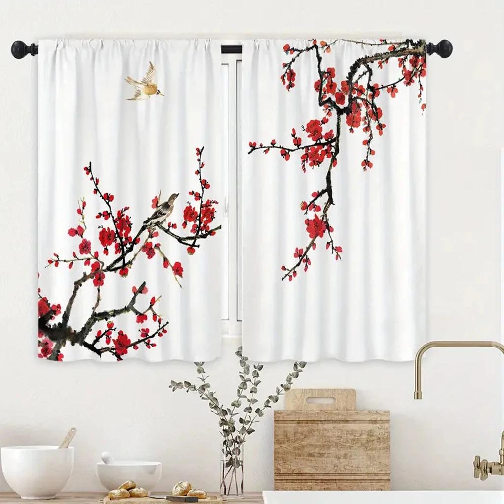 2pcs Japanese Cherry Blossom Moon Minimalist Curtains for Living Room Bedroom Modern Window Decor