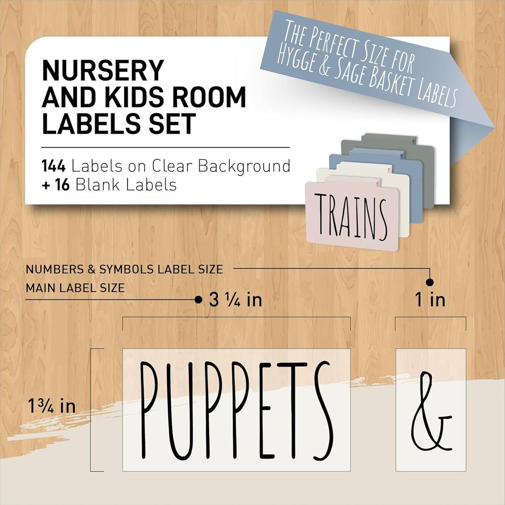 Hygge & Sage Nursery Organization and Kids Room Organization Label Stickers | 144 Clear Preprinted Stickers with Black Print | Easy to Remove Labels
