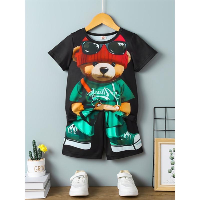 Комплект из 2 предметов: мужская футболка с коротким рукавом и шорты на шнурке с принтом мультяшного медведя, летний повседневный топ, мужские пляжные брюки для спорта на открытом воздухе