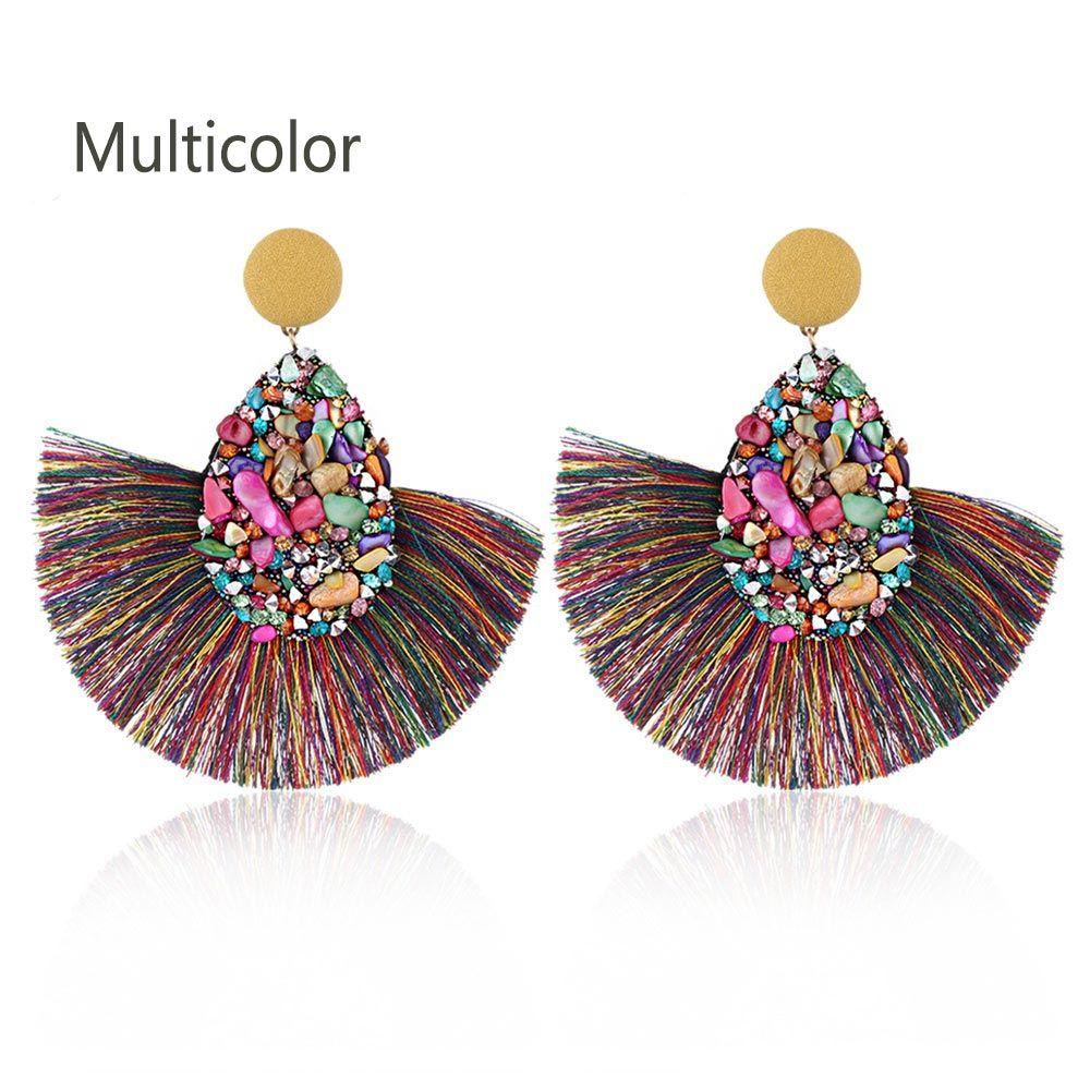Women Colorful Charm Crystal Glitter Sequins  Dangle Tassel Earrings Fringe Drop Teardrop