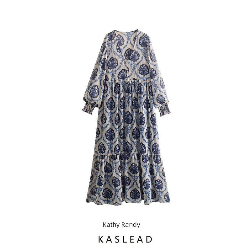 Kaslead New Women Clothes Western Style Simple Loose Metal Color Line Print Dress
