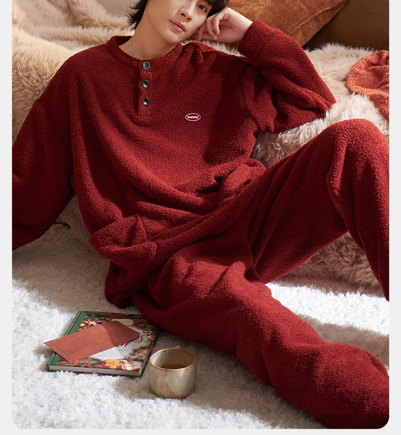 Xuan Liang Half Fleece Pajamas for Men in Winter with Thickened Coral Fleece Red Premium Feel, Suitable for Outerwear Home Clothing Set