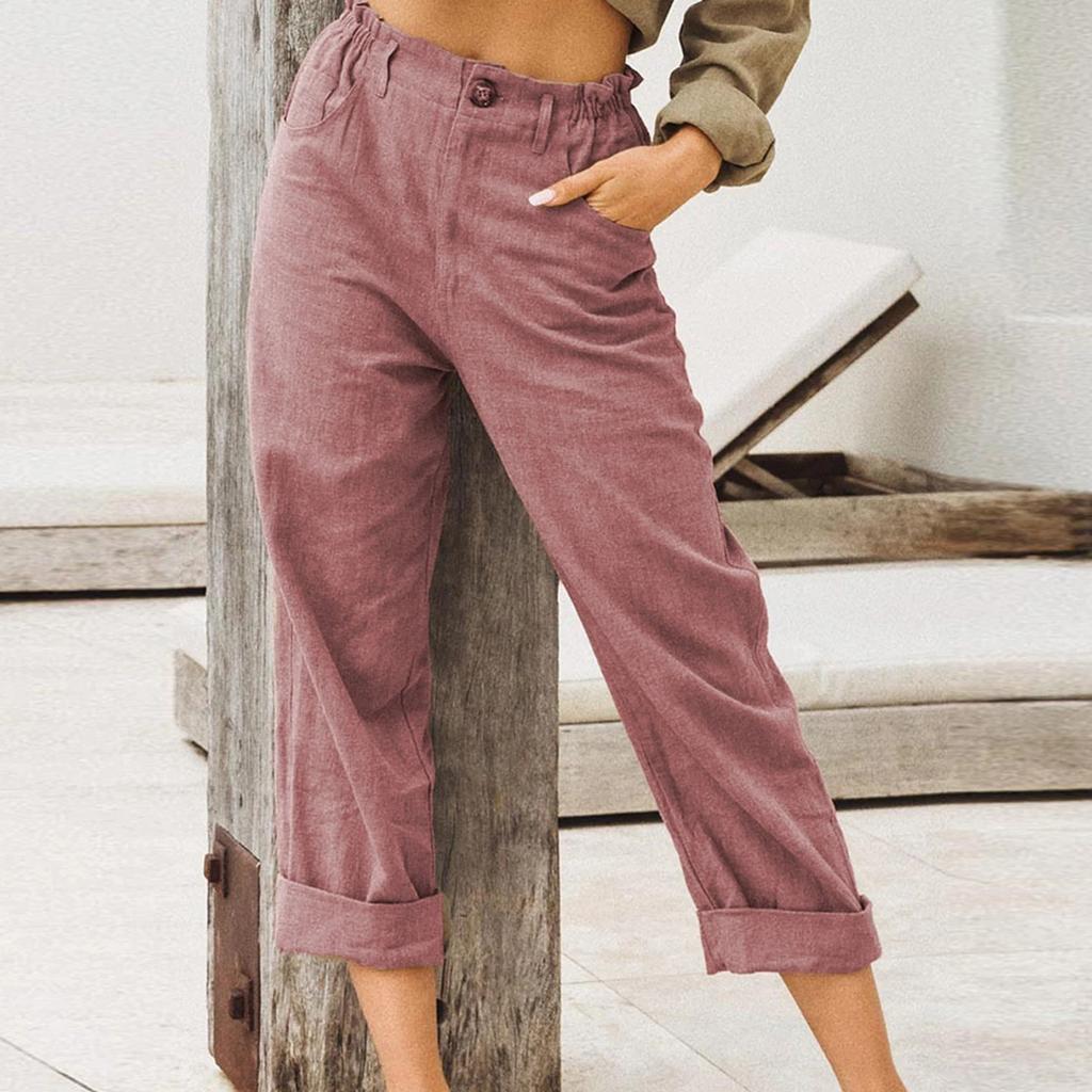 Fashion Solid Color Cotton Linen Fashion Loose High Waist Casual Pants For Women