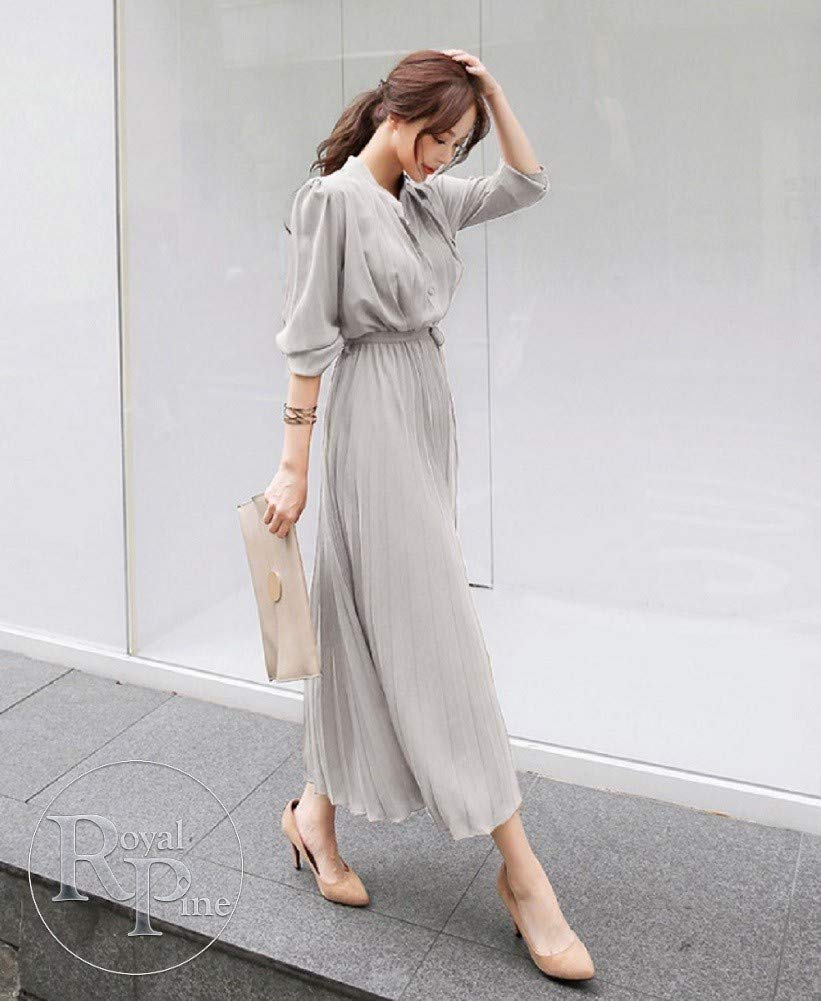 Королевская сосна Рубашка Длинное плиссированное с поясом Легкое женское А-силуэта платье, Рукава, Шифон, (XL, Серый)