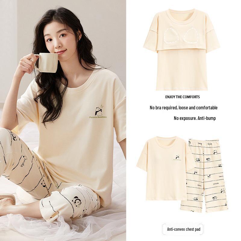 Женский летний капри-пижамный комплект 2025: Тонкий хлопок с коротким рукавом и нагрудными вкладышами, универсальный для ношения дома или на улице