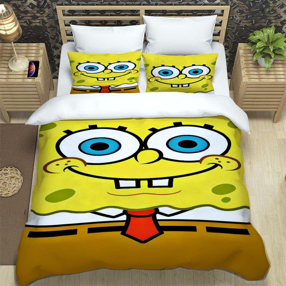 3D Sponge Bob Square Pants Printed Bedding Set, Cartoon Pattern Duvet Cover and Pillowcases, Single/Double Bed Sheet Sets,