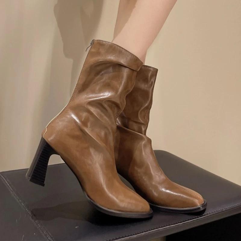 High Heels Women High Boots Elegant Chunky Leather Shoes Sexy Designer Mid Calf Chelsea Boots Fashion New Winter