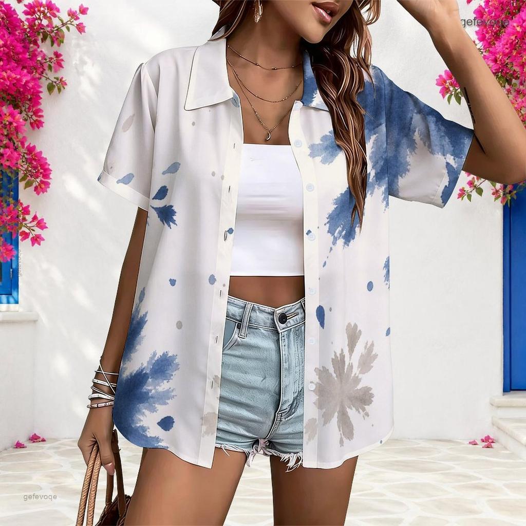 Women Plus Size Short Sleeve Button Up Shirt Watercolor Print Turn Down Collar Casual Loose Blouse For Summer Daily Office Wear