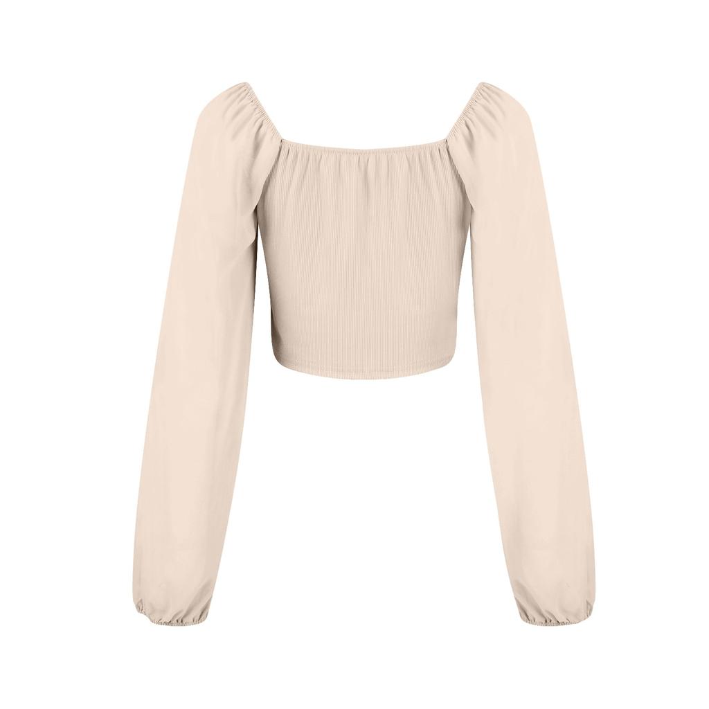Ladies Casual Solid Color Square Neck Pullover Mesh Splicing Sexy Fashion Top