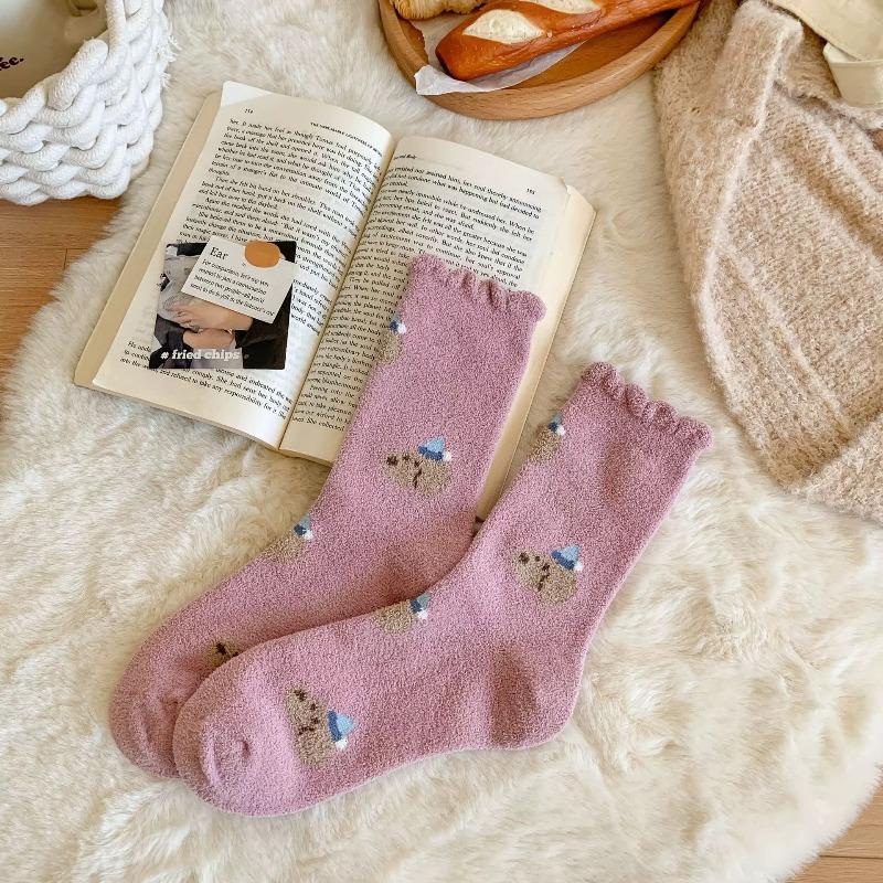 Женские осенне-зимние утолщенные теплые носки до середины икры из австралийской шерсти, домашние носки для пола, носки с махрой, модные носки-тортики