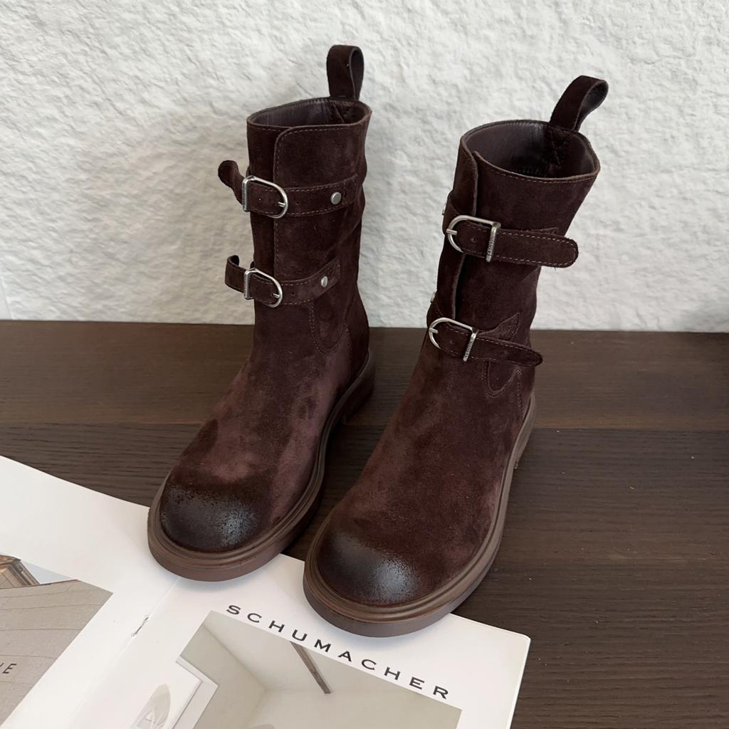 Версия из овчины~ ретро пряжка ремня пустошь вестерн ковбойские сапоги круглый носок полированные короткие сапоги женские на толстой подошве сапоги-рыцари