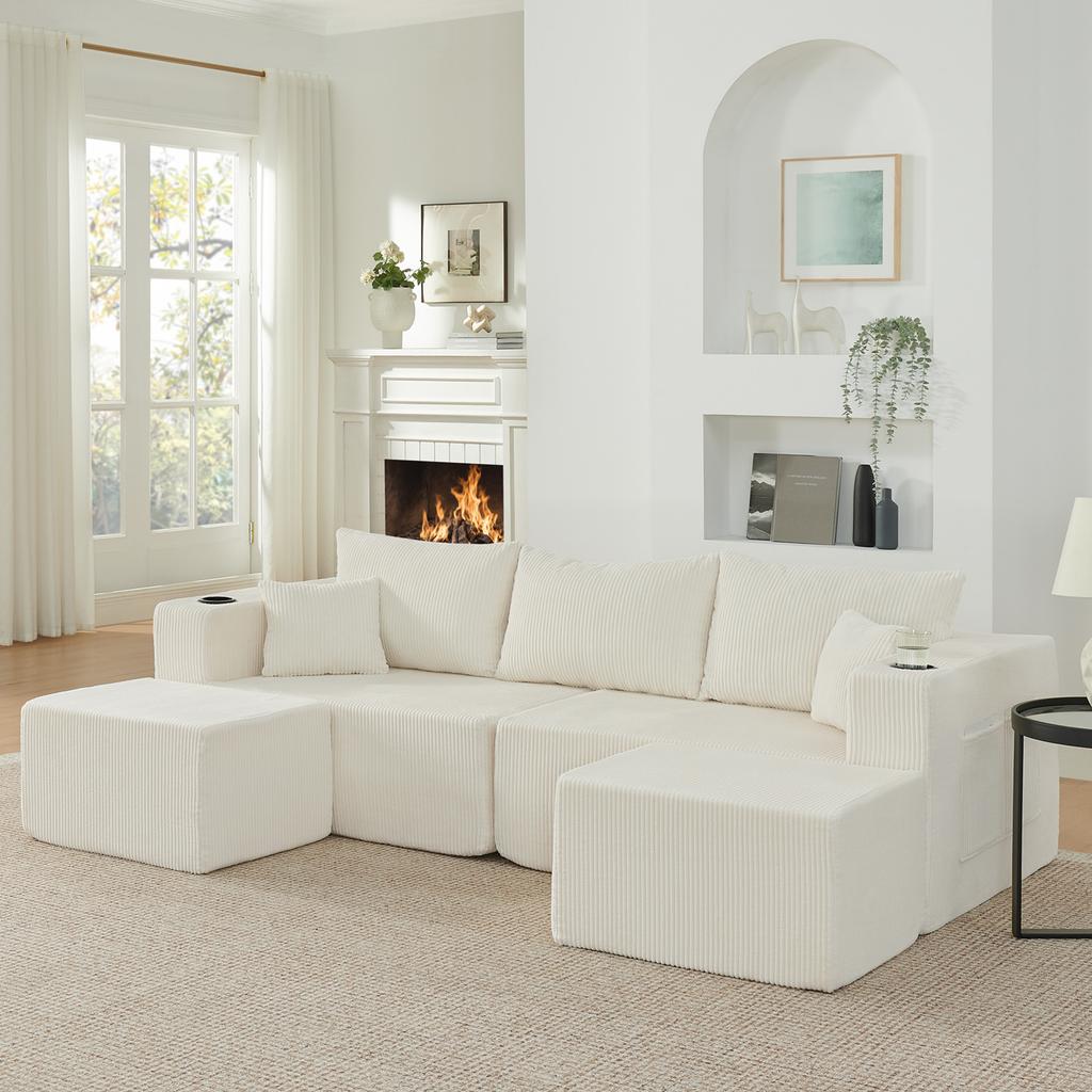 3-Seater Modular Corner Sofa, with Movable Ottomans, Soft Corduroy Fabric, Cup Holder, for Living Room, Hotels and Rental Apartments, Beige
