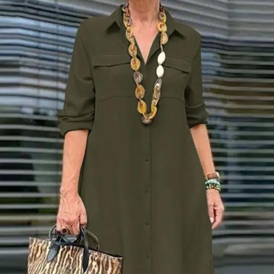 Женское платье с отложным воротником, свободное однотонное однобортное платье трапециевидной формы с длинным рукавом и нагрудным карманом, мягкое дышащее платье до щиколотки, весенне-осеннее платье макси